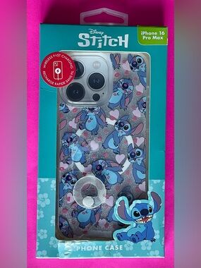 Disney Stitch Clear silver Glitter & Hearts Phone Case for iPhone 16 Pro Max